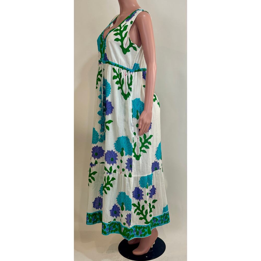 La Plage Maxi Dress Size M White Blue Purple Floral Print Tassel Tie Waist Boho - Picture 5 of 16